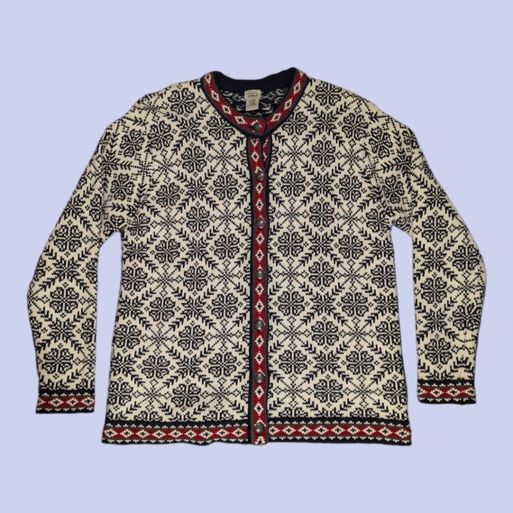 L.L. Bean | Women's Vintage Nordic Fair Isle Cardigan Pewter Button Cream XL-Reg